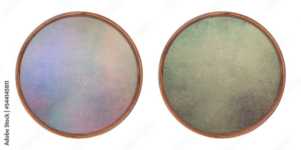 Aufkleber wooden frame. two empty round frames with creative insert in different colors isolated on white back