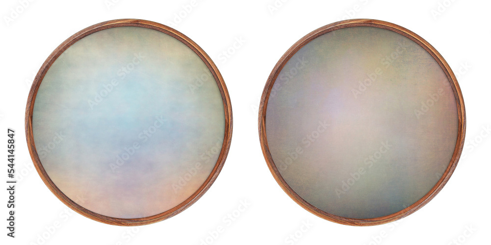 Poster wooden frame. two empty round frames with creative insert in different colors isolated on white back