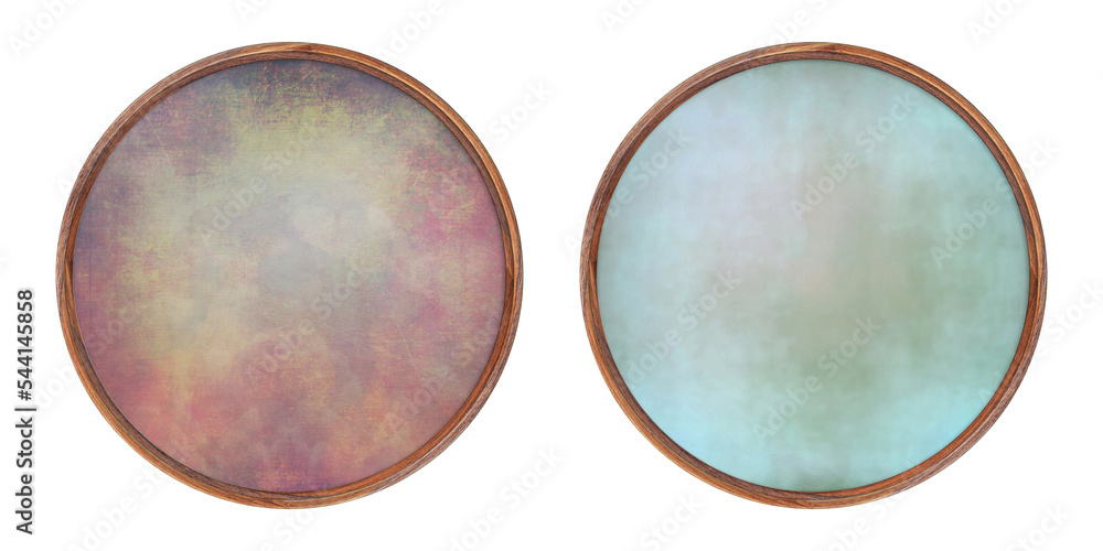 Poster wooden frame. two empty round frames with a creative insert isolated on a white background. blank fr