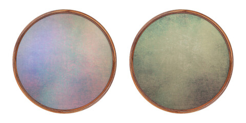 Wooden frame. Two empty round frames with creative insert in different colors isolated on white...