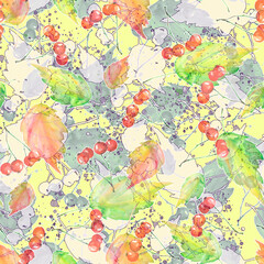 Branches of a mountain ash, rowan berries, autumn background, autumn leaves watercolor. Art Autumn background with cherry, rowan, viburnum. Branches, abstract paint splash, lines. fashion design.scarf