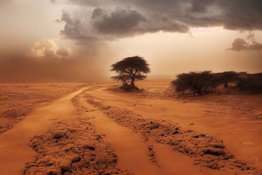 Climate change in Africa Dirt road and yellow orange dusty sandstorm with rocks, sand, bushes and dark clouds in the sky, Dollo Ado, Somalia region, Ethiopia, Africa, vertical phone wallpaper back