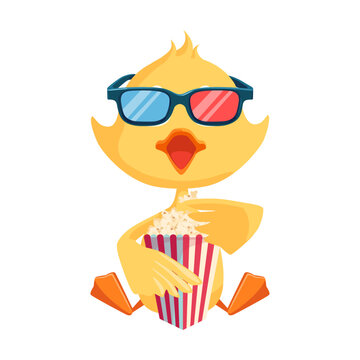 Cartoon duckling. Funny yellow baby chicks or ducks watching movie. For cartoon character