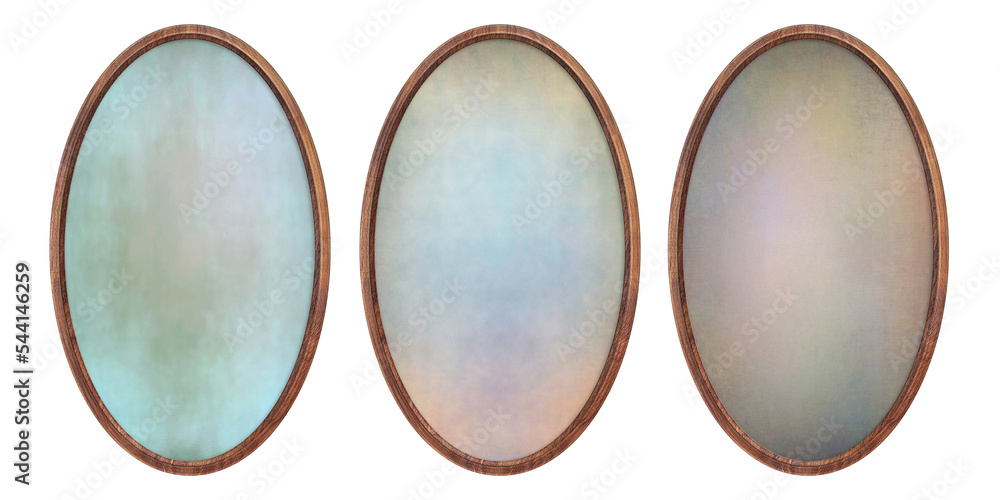 Poster wooden frame. three empty oval frames with a creative spotted insert isolated on a white background.