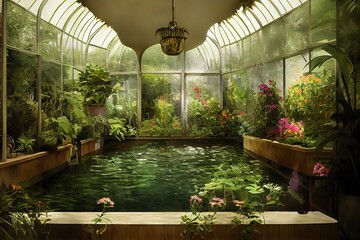 Victorian Spa and wellnes centre in botanical garden interior lifestyle illustration design - obrazy, fototapety, plakaty