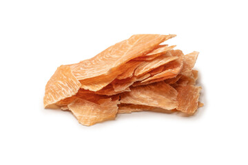 Group of tasty beer snacks. Dehydrated chicken meat slices.