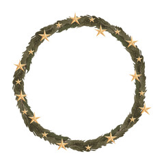 Christmas fir wreath with stars and Christmas decorations Pine wreath. decorative element. Watercolor illustration isolated on white background