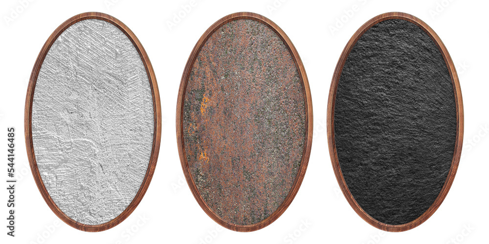 Poster wooden frame. three blank oval frames with creative rust and stone insert isolated on white backgrou