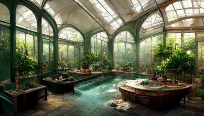 Spa and wellnes centre in botanical garden interior illustration design - obrazy, fototapety, plakaty