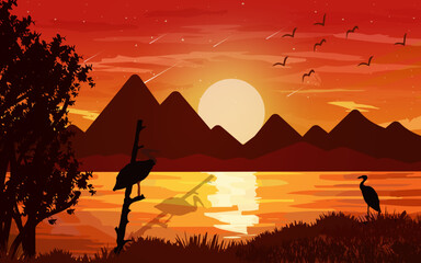 Sunset scene in the forest. Glowing forest sky with Mountains and birds landscape background Illustration
Mountains