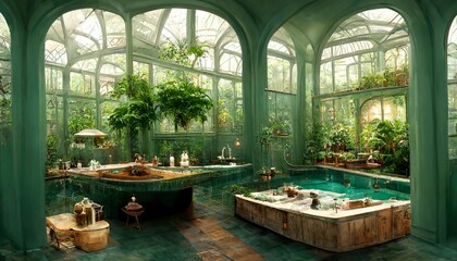 Victorian Spa and wellnes centre with pools in botanical garden interior illustration design - obrazy, fototapety, plakaty