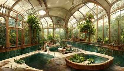 Victorian Spa and wellnes centre in botanical garden interior illustration design - obrazy, fototapety, plakaty