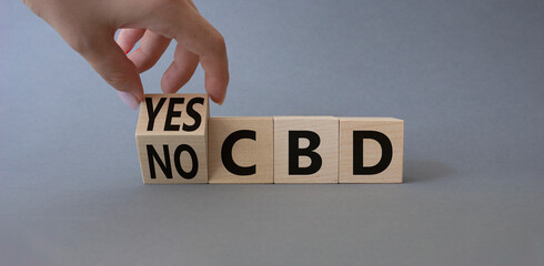 Yes or No CBD symbol. Businessman hand turns wooden cube and changes words No CBD to Yes CBD. Beautiful grey background. Business and Yes or No CBD concept. Copy space.