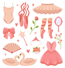 Cute pink ballet clothes and objects vector illustrations set. Cartoon drawings of feminine clothing, tutu, dress, pointe shoes, swans, flowers isolated on white background. Ballet, decoration concept © Bro Vector