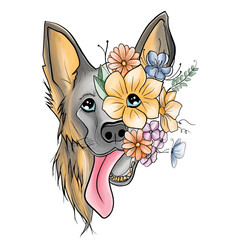 dog german shepherd with flowers cute floral art