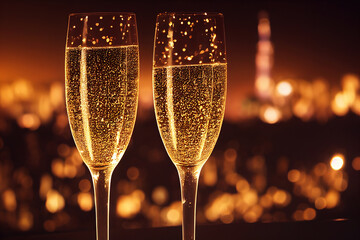 sparkling champagne in glasses and festive lights New Year