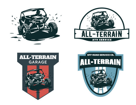 Set of ATV logo, emblems, badges and icons. All-terrain vehicle off-road design elements. ATV quad in mud with rider.