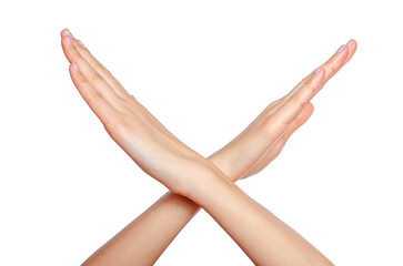 Female crossing hands forming an x isolated on white