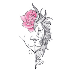 Lion head with pink rose colorful art