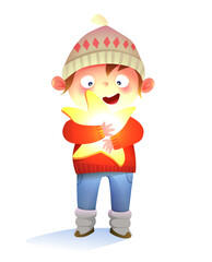 Cute little boy holding a star, childhood dreams about catching a star. Adorable character for kids storytelling cartoon. Vector isolated clipart.
