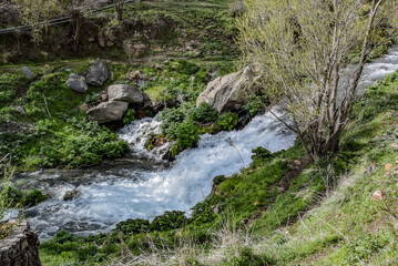 The river Shaki arising from the Shaki waterfall, with a height of 18 m. It is located in the Syunik region of Armenia, near the city of Goris.
