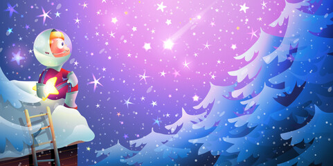 Naklejka premium Little boy in cosmonaut costume watching stars from roof in winter night. Magical starry night, snow forest landscape and a cosmonaut kid dreaming. Vector fairytale dreamy scenery wallpaper.