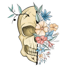 Skull head ruined butterflies and floral line art tattoo