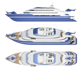 luxury yacht side and top view isolated. 3d rendering