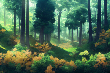 Obraz premium A beautiful rural nature forest. an illustration in an anime background animation style.