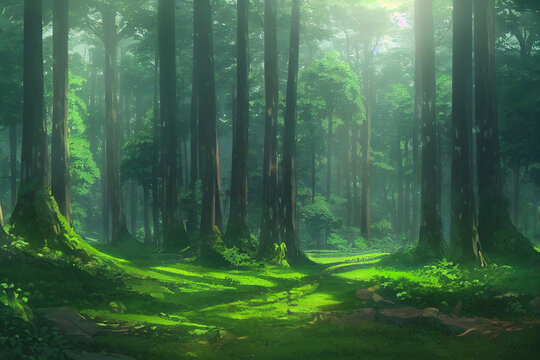 A beautiful rural nature forest. an illustration in an anime background animation style.