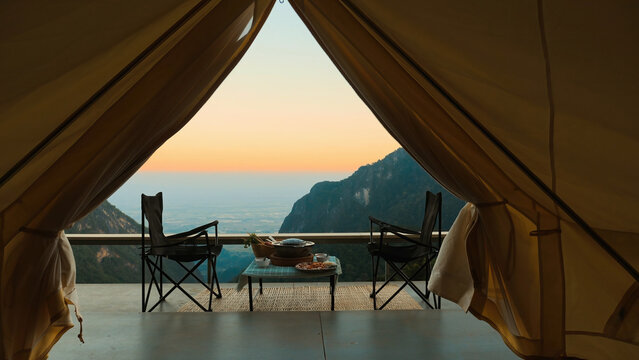 POV Traveller Walking Out From Tent With Nature Green Canyon View