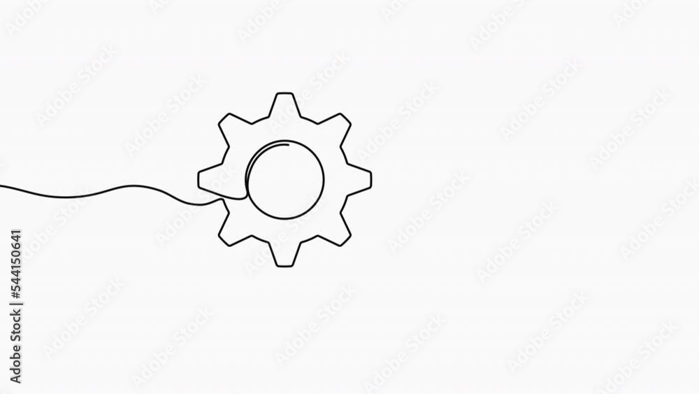 Poster gears wheels one continuous line drawing. one line moving cog gear. 4k video animation with alpha ch