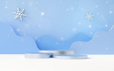 3d rendering light blue product display stands and snowflakes on light blue background. Christmas or winter product presentation scene.