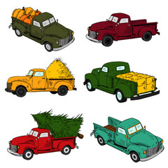 Set of trucks. Vector cartoon illustrations. Isolated objects on a white background. Hand-drawn style.