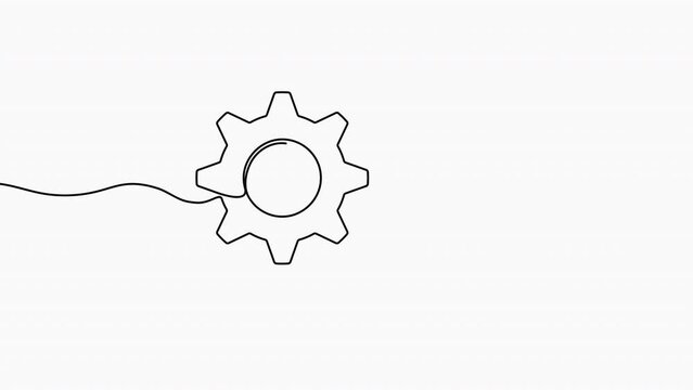 Gears wheels one continuous line drawing. One line moving cog gear. 4K video animation with alpha channel.