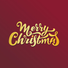 Merry Christmas card.  Golden calligraphy letters with sparkles on the red background. Vector hand lettering. Invitation congratulation Christmas card. Winter holiday. Luxury.