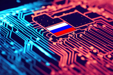 Neon blue red motherboard background with Russia flag on CPU closeup