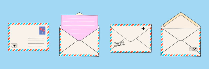 Collection of 
postal envelopes with mail, postmarks and postcards. Paper document enclosed in an envelope. Isolated vector Illustrations for web and print