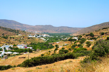 Fototapeta na wymiar On the island of Tinos, in the Cyclades, in the heart of the Aegean Sea, there are many picturesque villages all around Mount Exobourgo which dominates them