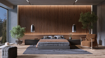 Modern bedroom interior with slat wood wall panels, 3d rendering  - obrazy, fototapety, plakaty