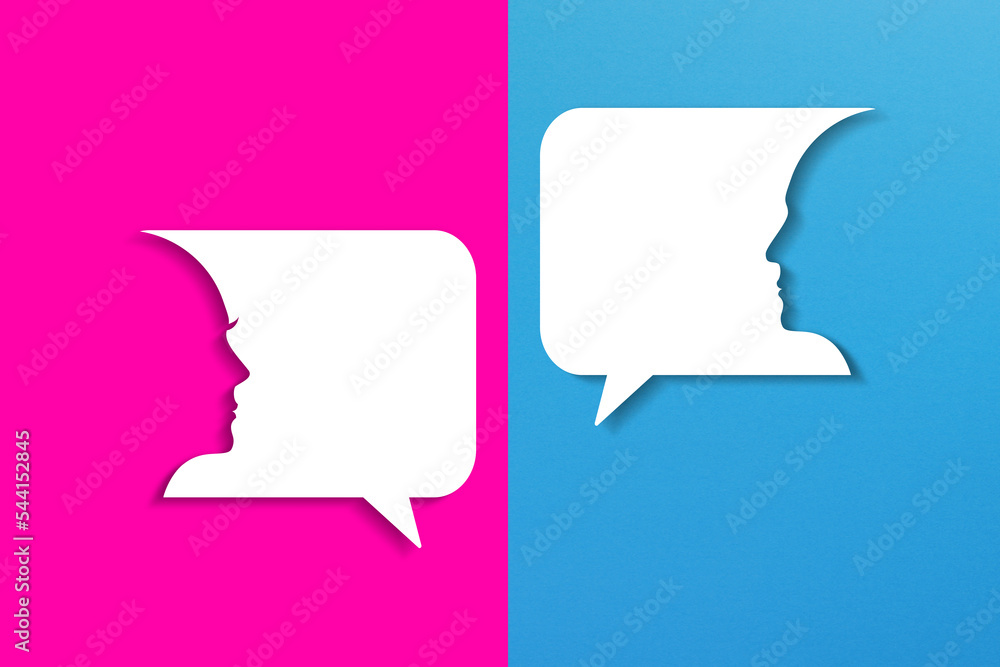 Aufkleber dialog concept. speech bubbles with two faces on colored background.
