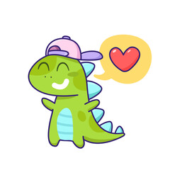 Cute Dinosaur kid with heart hand drawn doodle illustration. Cute cartoon Dinosaur boy for tee print design. Happy dinosaur hand drawn art for kids design. Isolated vector