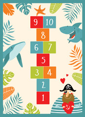 Print. Sea play mat for children with a pirate.Vector game with a pirate. Marine game for children. Jump on the numbers. Carpet in the children's room. Kindergarten. Active game for children. Cartoon  - 544153020