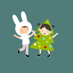 Children in New Year's costumes. Boy and girl. Friends at the party.	