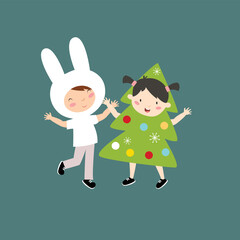 Children in New Year's costumes. Boy and girl. Friends at the party.	