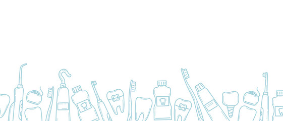 Horizontal border with dental icons along the bottom. Tools for cleaning and treatment of teeth in doodle. Dentistry banner template. Isolated vector illustration in sketch