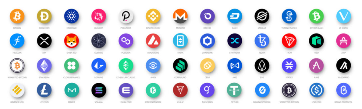 Cryptocurrency logo. Cryptocurrency symbols. A set of the best cryptocurrency token logos. Bitcoin, Ethereum, Dogecoin and more vector icons. Bitcoin, Ethereum, USDT, BNB, and other