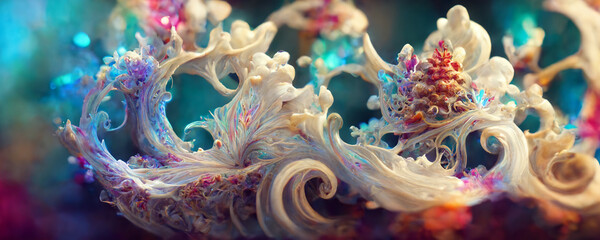 Fantasy abstract Christmas winter festive composition. Colorful Xmas background realistic decorative design objects 3d render.