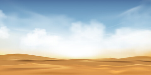 Blue sky with fluffy clouds and beach sand in hot sunny day Summeror Spring,Vector illustration panoramic Minimal cartoon beautiful nature Desert landscape sand dunes with Sunlight in morning