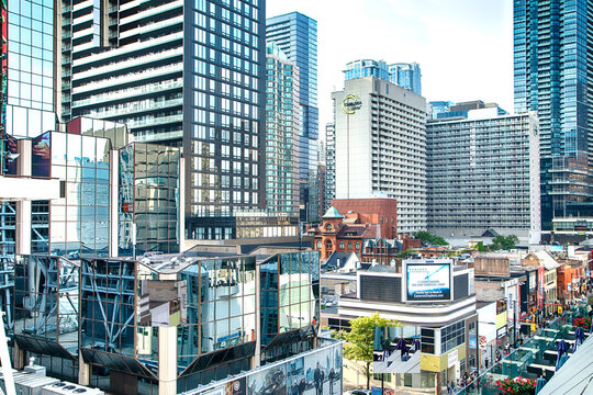 TORONTO, CANADA - September 17, 2022: View of Young street  in Downtown Toronto. Street with many shops and restaurants